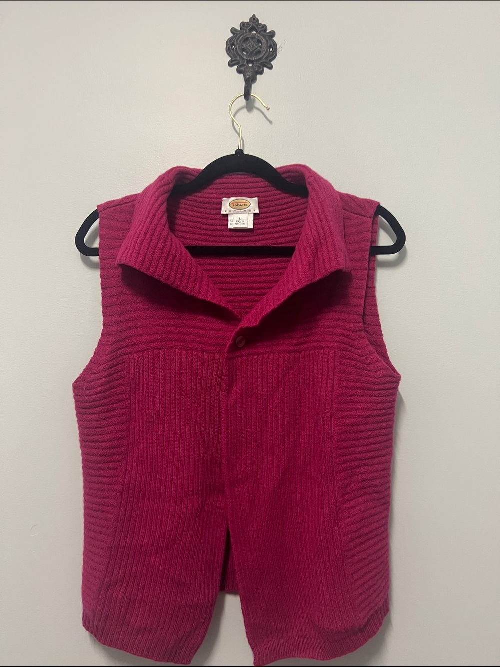 Talbots Ribbed Sleeveless Button-Front Vest in Berry 100% Wool Large